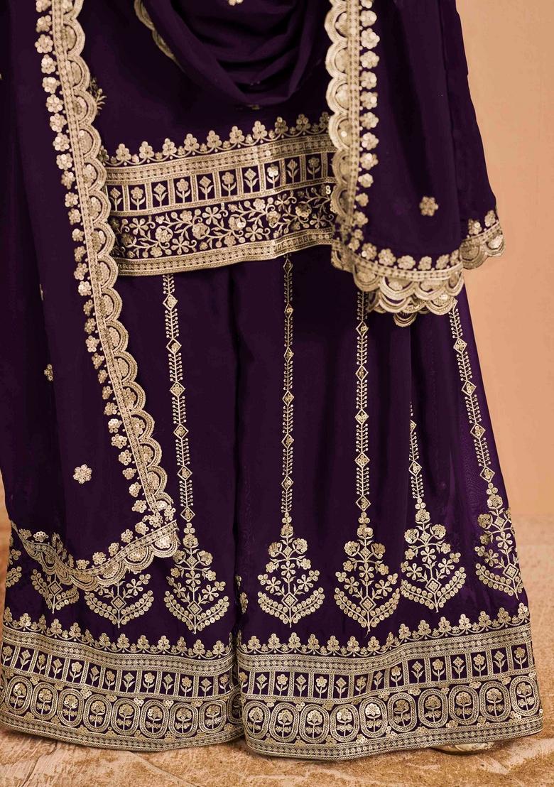 Purple Sequin Embroidered Georgette Palazzo Set With Dupatta