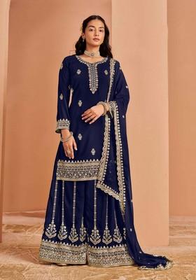 Navy Blue Sequin Embroidered Georgette Palazzo Set With Dupatta