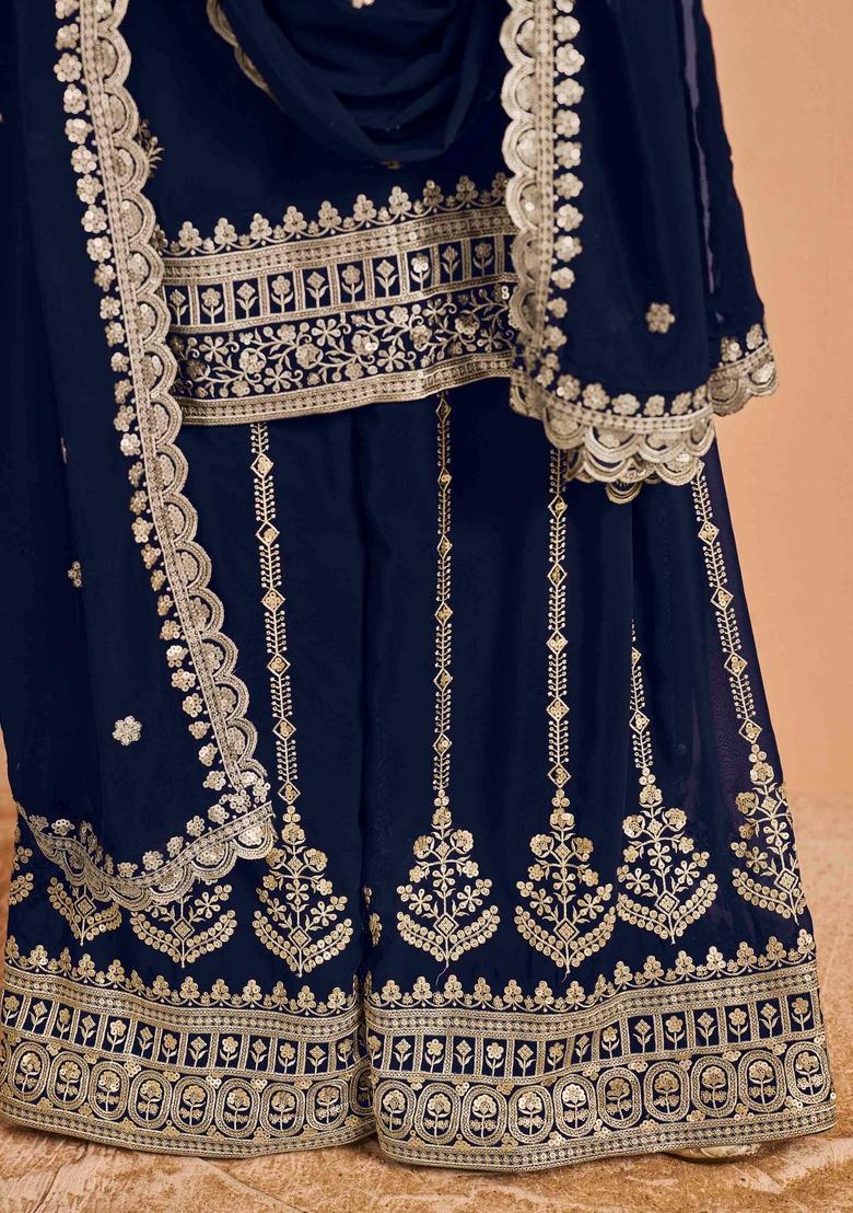 Navy Blue Sequin Embroidered Georgette Palazzo Set With Dupatta