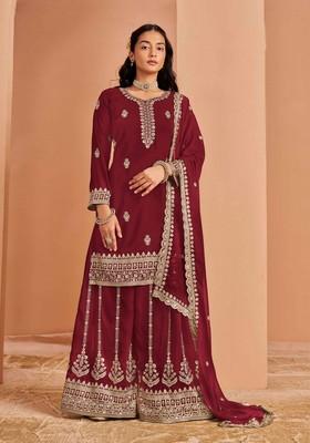 Maroon Sequin Embroidered Georgette Palazzo Set With Dupatta