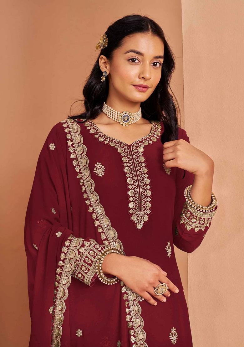 Maroon Sequin Embroidered Georgette Palazzo Set With Dupatta
