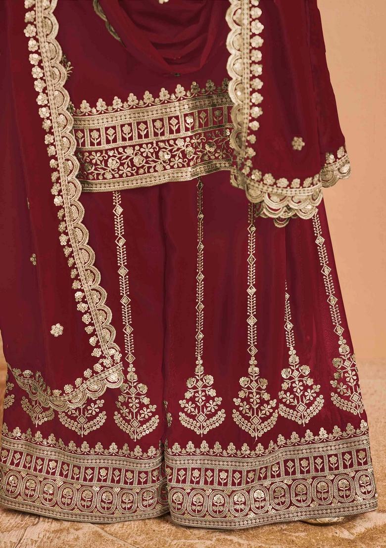 Maroon Sequin Embroidered Georgette Palazzo Set With Dupatta