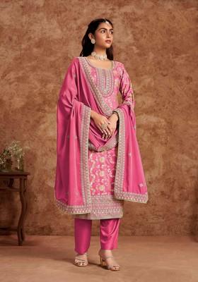 Rani Pink Thread Work Silk Salwar Kameez With Dupatta