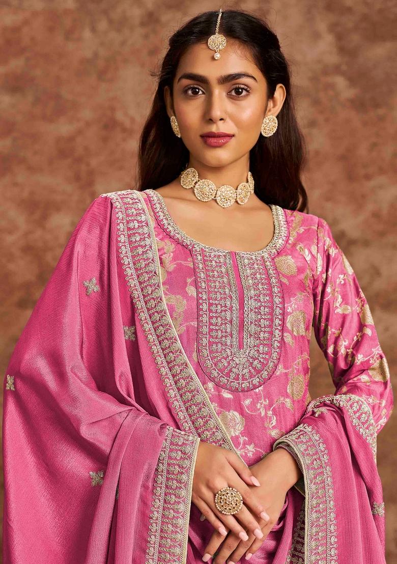 Rani Pink Thread Work Silk Salwar Kameez With Dupatta
