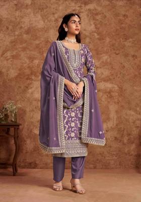 Purple Thread Work Silk Salwar Kameez With Dupatta