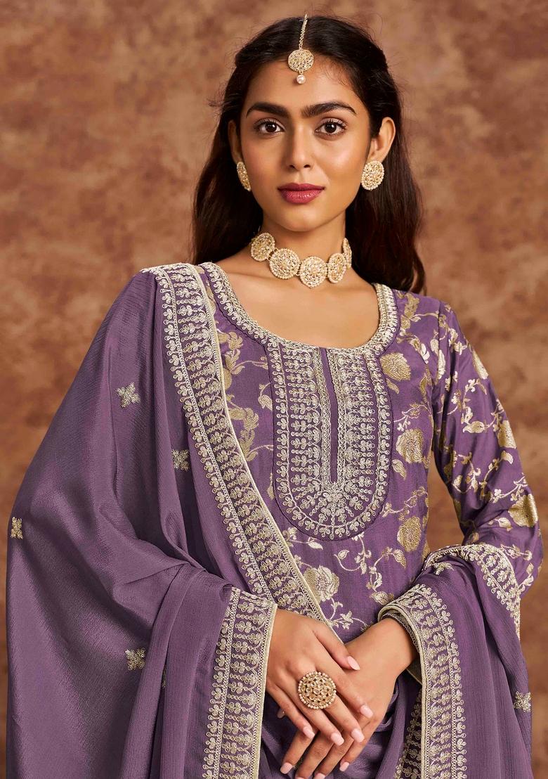Purple Thread Work Silk Salwar Kameez With Dupatta