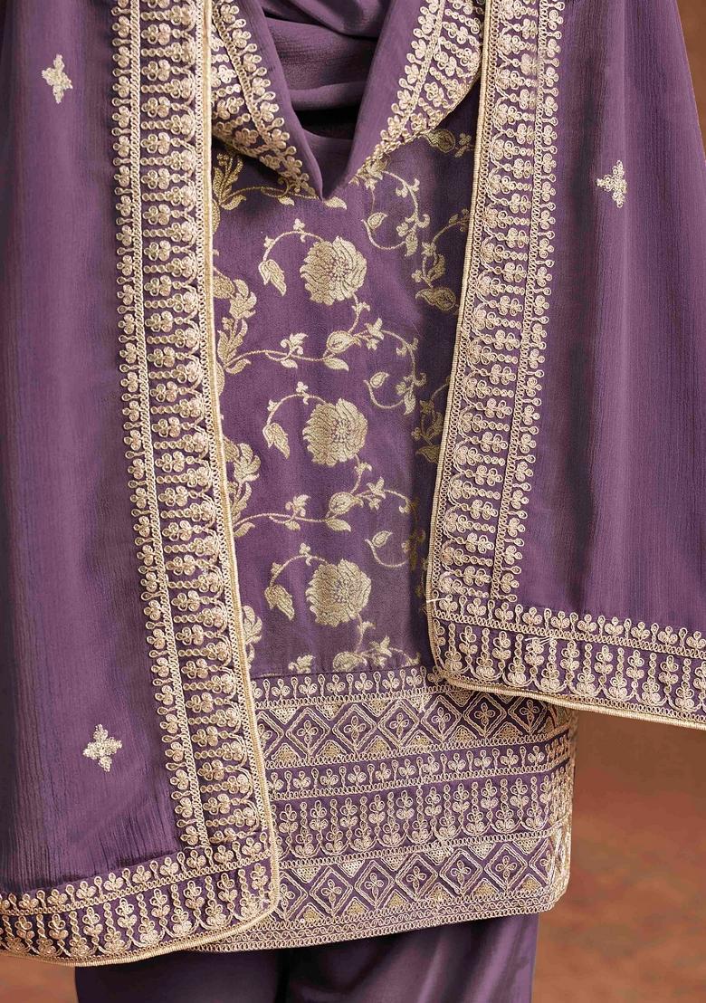 Purple Thread Work Silk Salwar Kameez With Dupatta