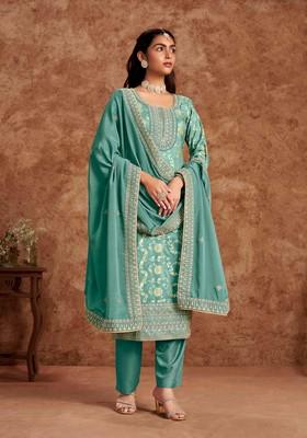 Sea Green Thread Work Silk Salwar Kameez With Dupatta