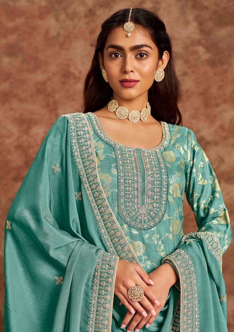 Sea Green Thread Work Silk Salwar Kameez With Dupatta