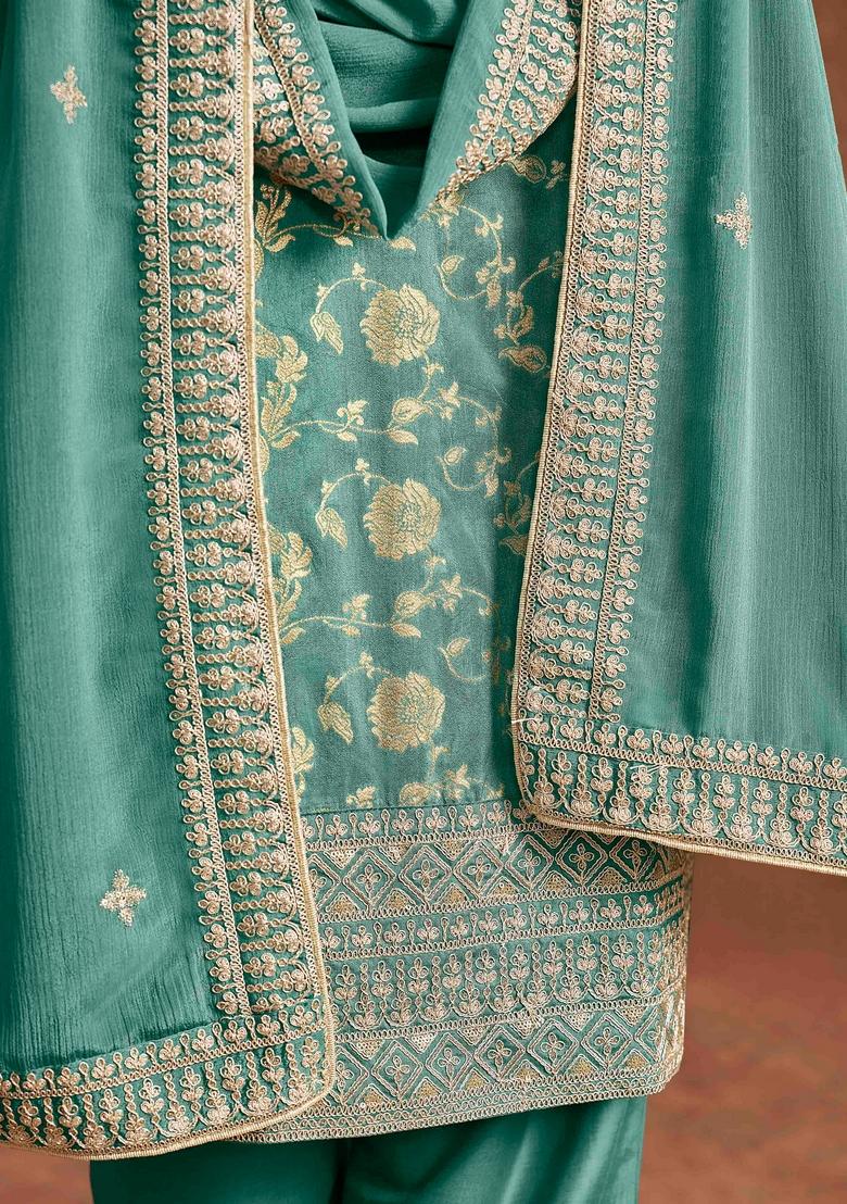 Sea Green Thread Work Silk Salwar Kameez With Dupatta
