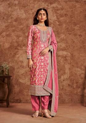 Pink Thread Work Silk Salwar Kameez With Dupatta