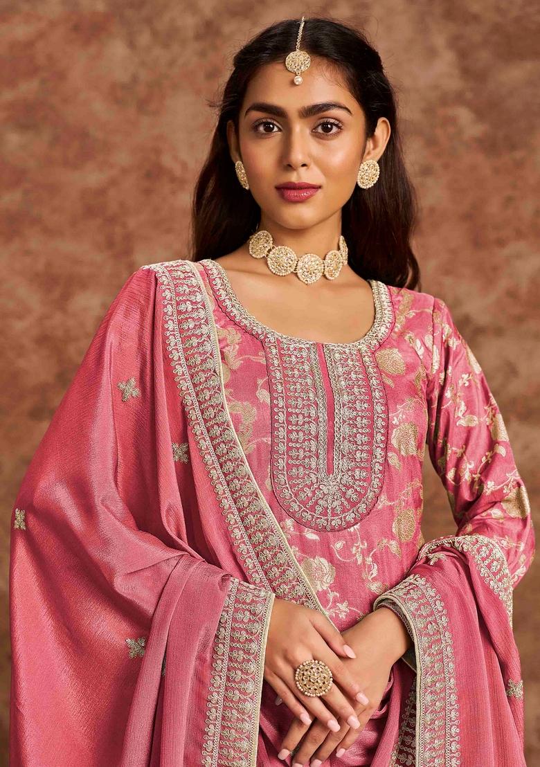 Pink Thread Work Silk Salwar Kameez With Dupatta