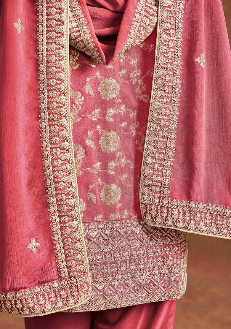 Pink Thread Work Silk Salwar Kameez With Dupatta