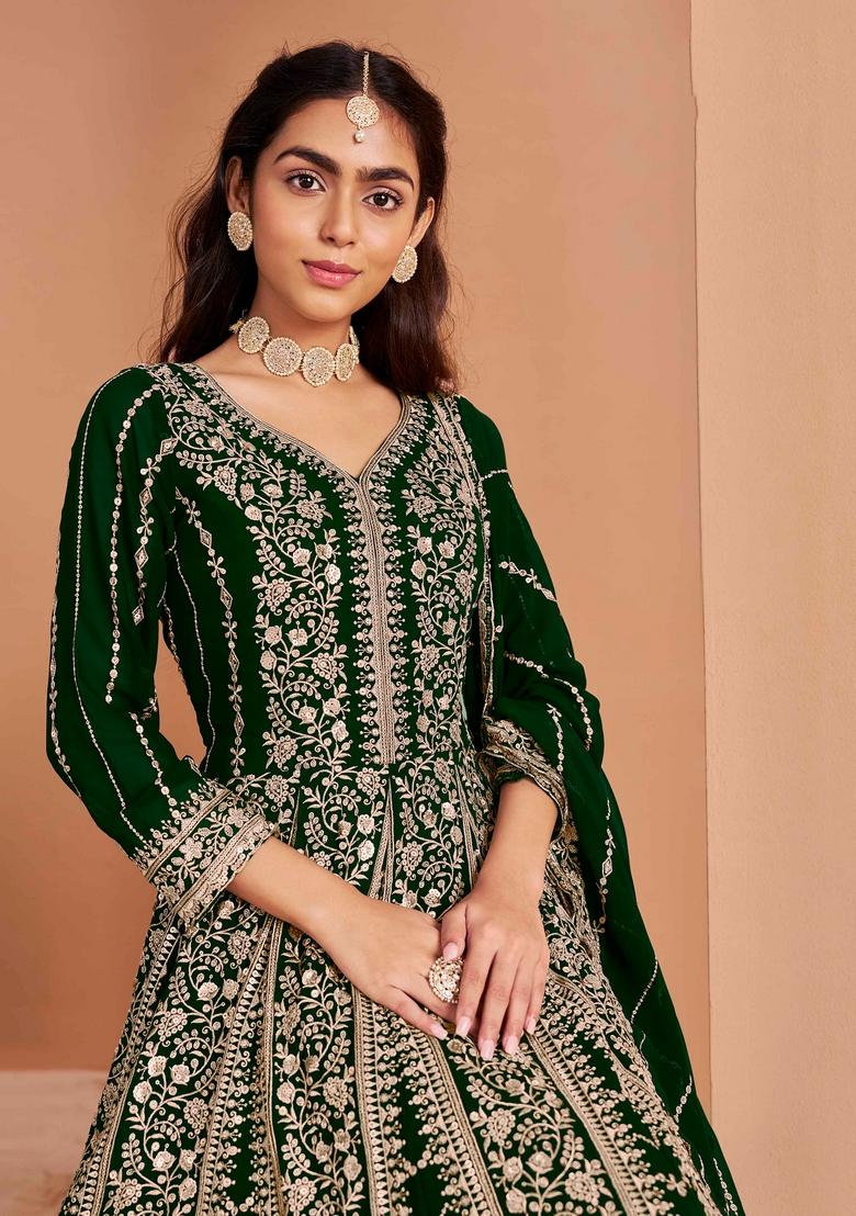 Dark Green Sequin Embroidered Georgette Anarkali Set With Dupatta