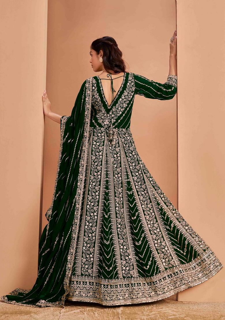 Dark Green Sequin Embroidered Georgette Anarkali Set With Dupatta