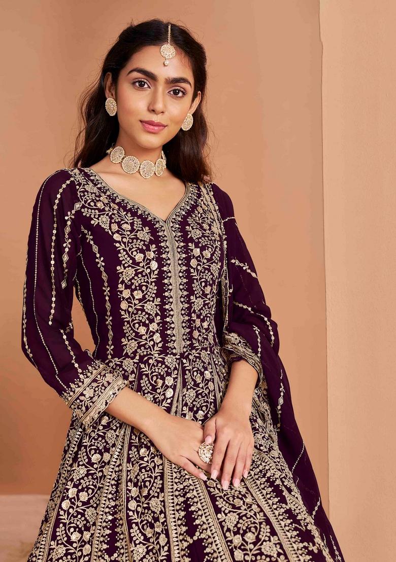 Dark Purple Sequin Embroidered Georgette Anarkali Set With Dupatta