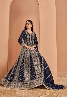 Navy Blue Sequin Embroidered Georgette Anarkali Set With Dupatta