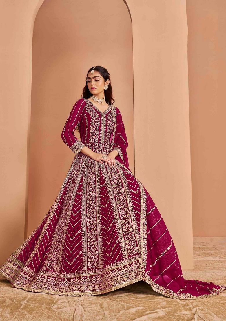 Dark Pink Sequin Embroidered Georgette Anarkali Set With Dupatta