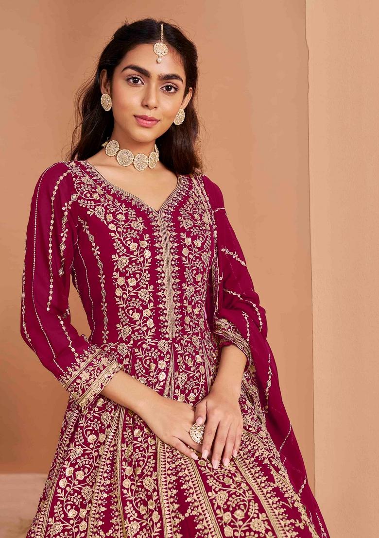 Dark Pink Sequin Embroidered Georgette Anarkali Set With Dupatta