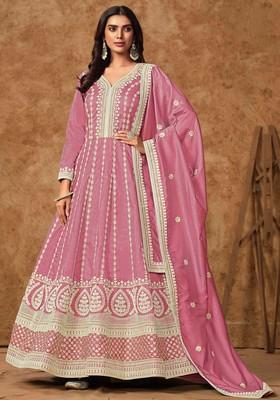 Pink Thread Work Silk Anarkali Set With Dupatta