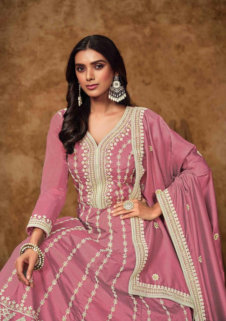 Pink Thread Work Silk Anarkali Set With Dupatta