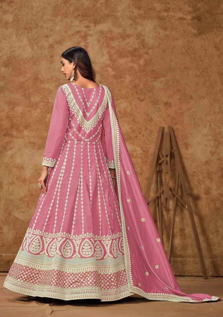 Pink Thread Work Silk Anarkali Set With Dupatta