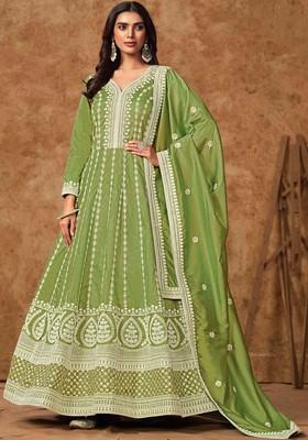 Light Green Thread Work Silk Anarkali Set With Dupatta