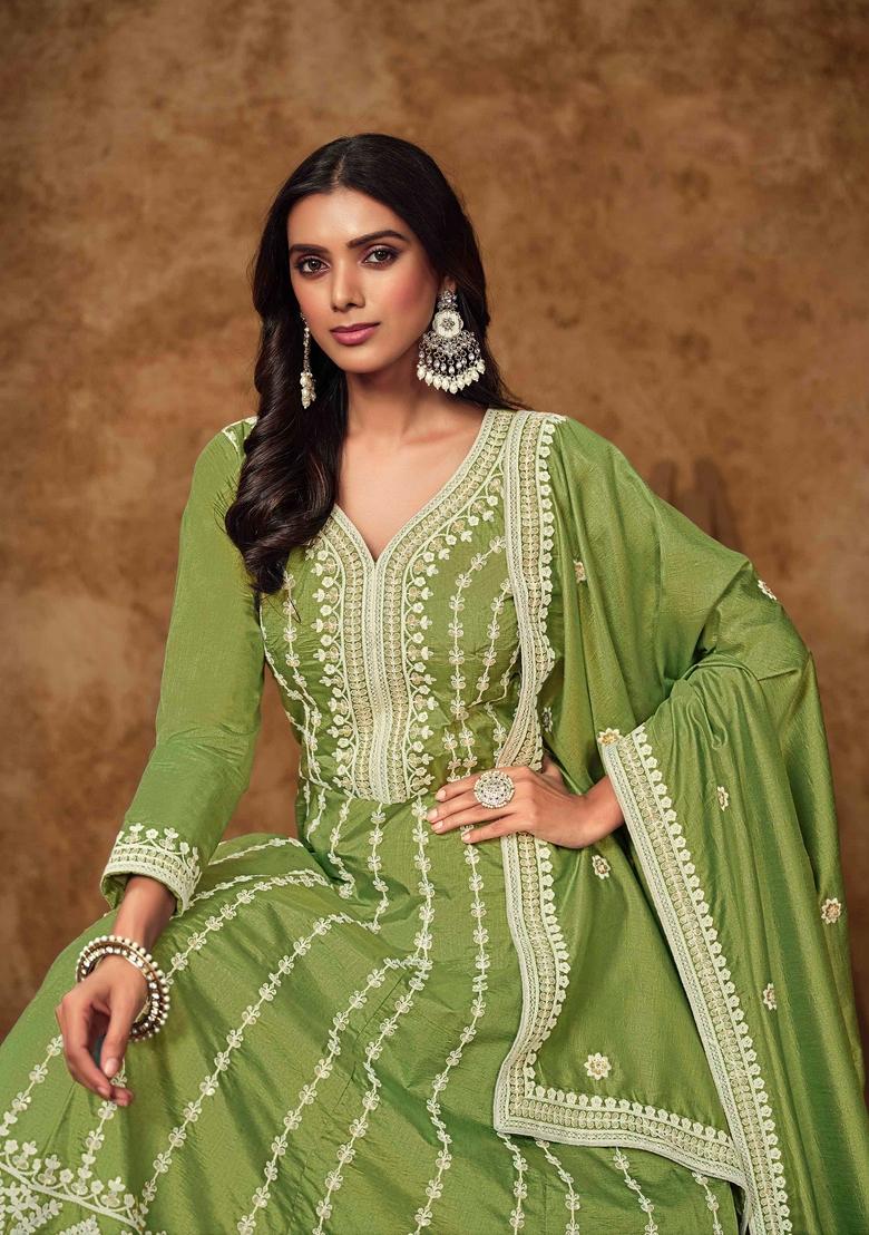 Light Green Thread Work Silk Anarkali Set With Dupatta