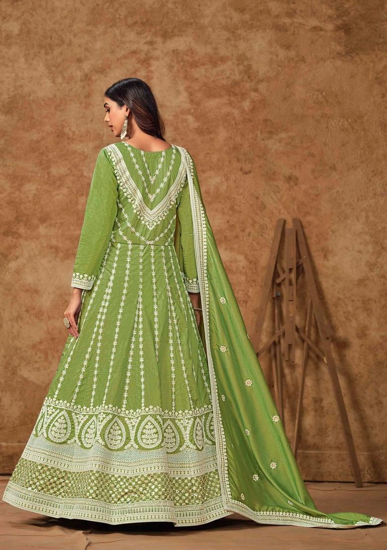 Light Green Thread Work Silk Anarkali Set With Dupatta