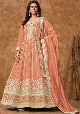 Peach Thread Work Silk Anarkali Set With Dupatta