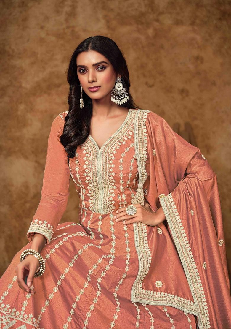Peach Thread Work Silk Anarkali Set With Dupatta