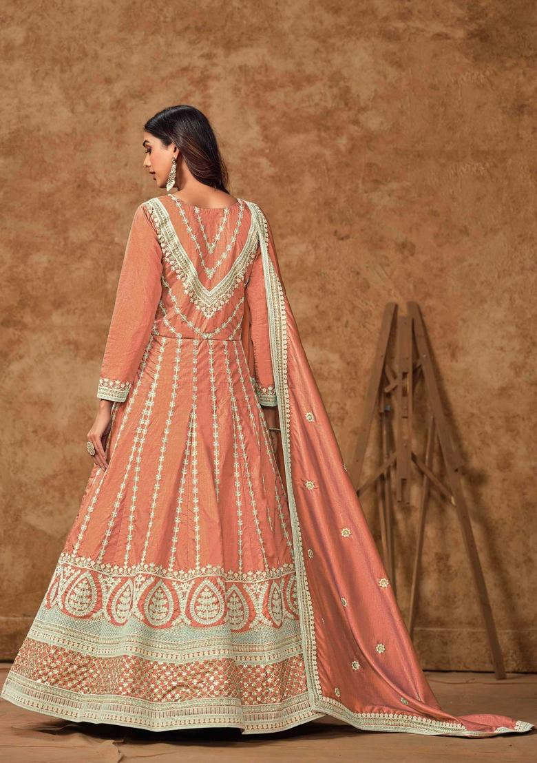 Peach Thread Work Silk Anarkali Set With Dupatta
