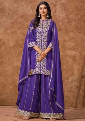 Violet Sequin Embroidered Chinon Palazzo Set With Dupatta