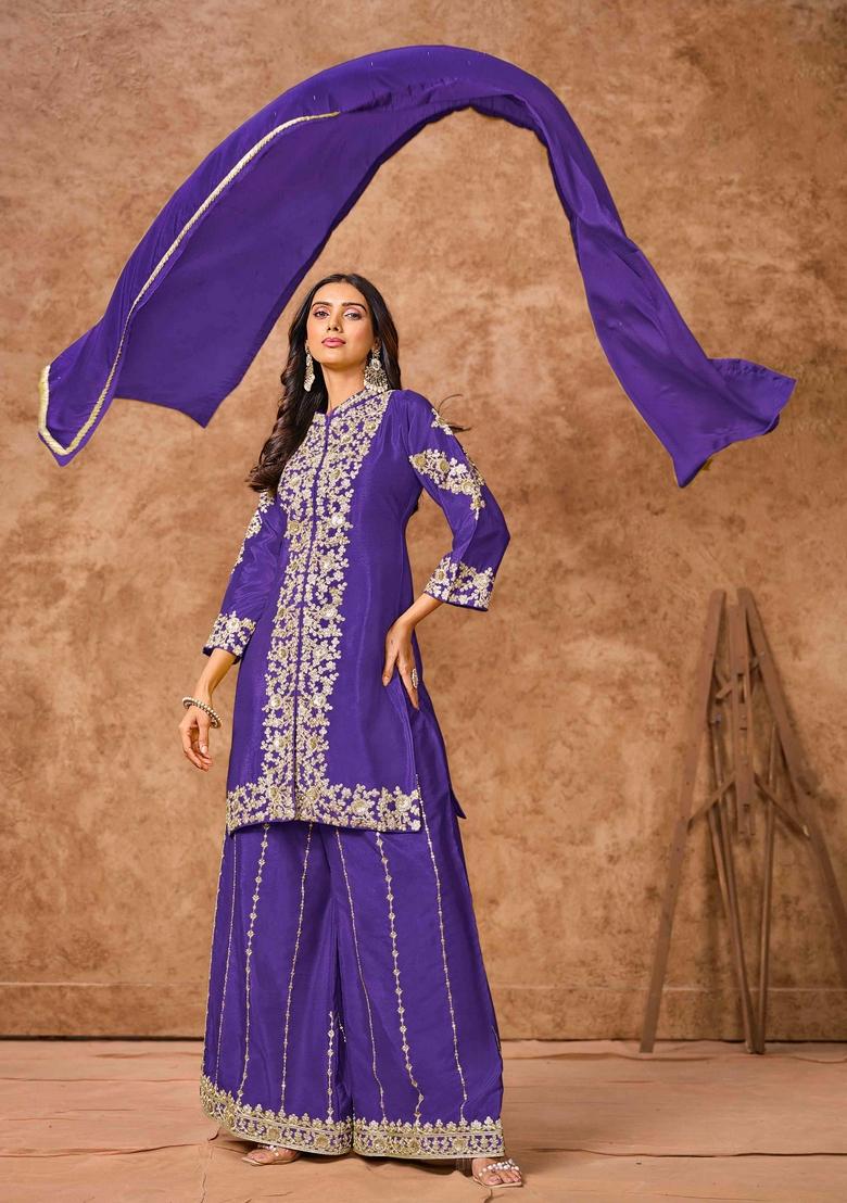 Violet Sequin Embroidered Chinon Palazzo Set With Dupatta