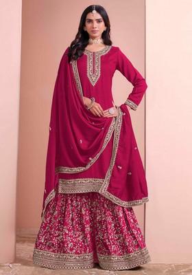 Rani Pink Thread Work Silk Palazzo Set With Dupatta