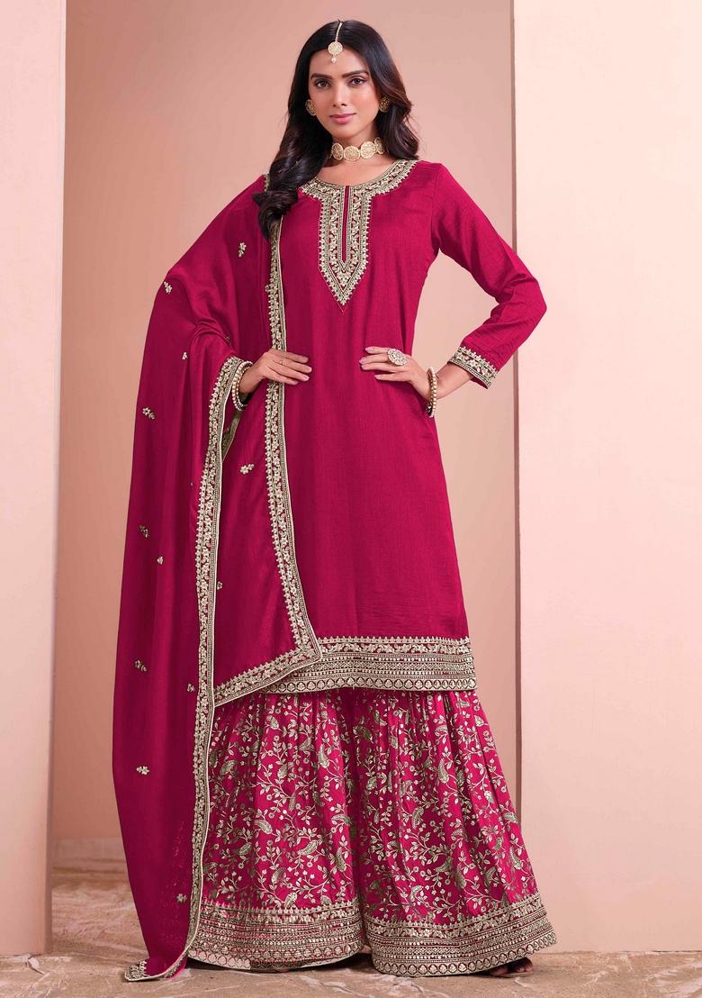 Rani Pink Thread Work Silk Palazzo Set With Dupatta
