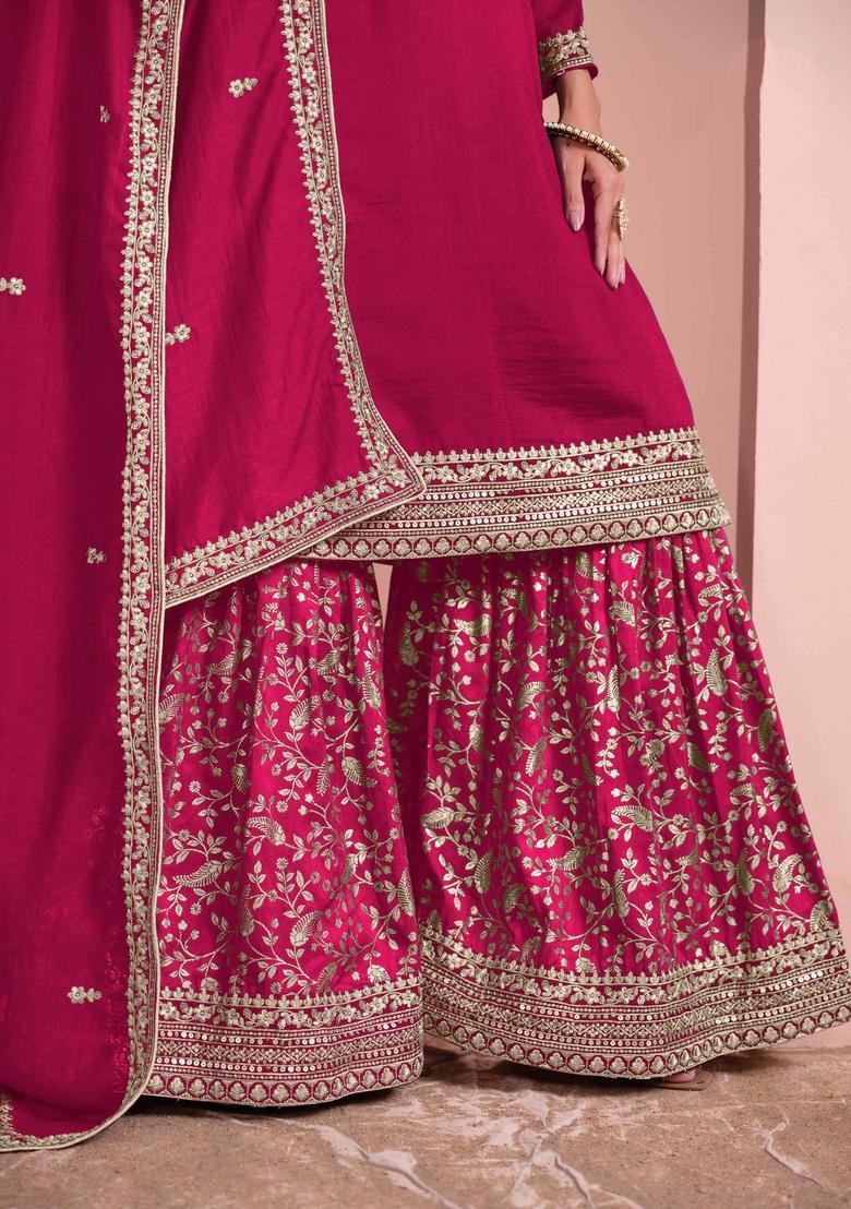 Rani Pink Thread Work Silk Palazzo Set With Dupatta