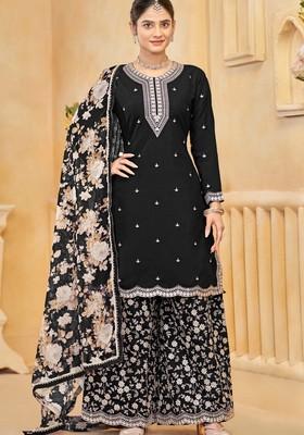 Black Zari Embroidered Silk Palazzo Set With Dupatta