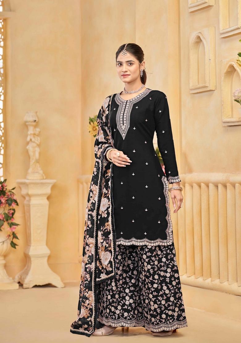 Black Zari Embroidered Silk Palazzo Set With Dupatta