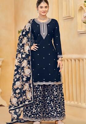 Navy Blue Zari Embroidered Silk Palazzo Set With Dupatta