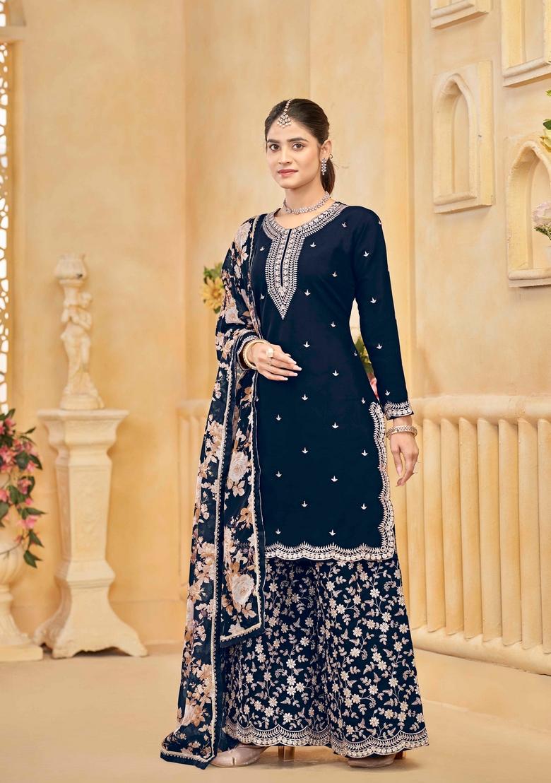 Navy Blue Zari Embroidered Silk Palazzo Set With Dupatta