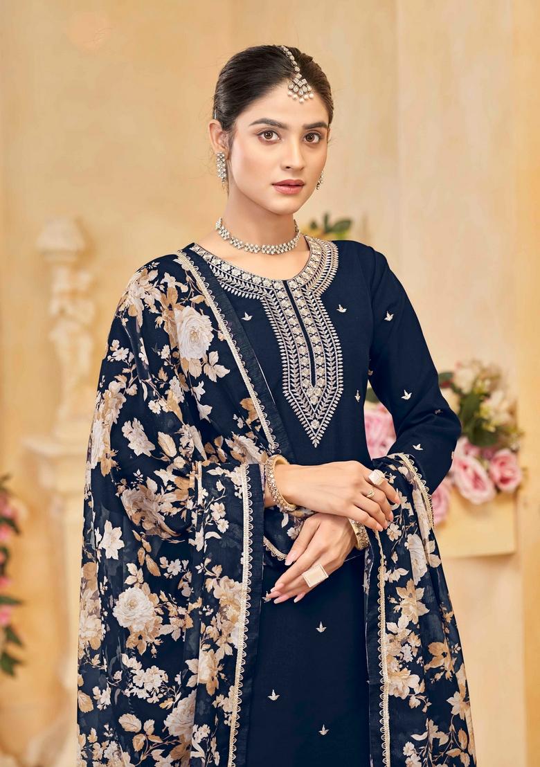 Navy Blue Zari Embroidered Silk Palazzo Set With Dupatta