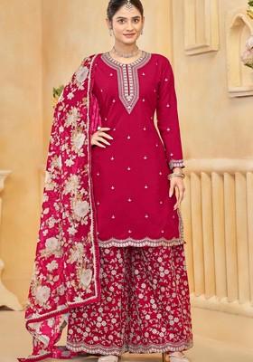 Rani Pink Zari Embroidered Silk Palazzo Set With Dupatta
