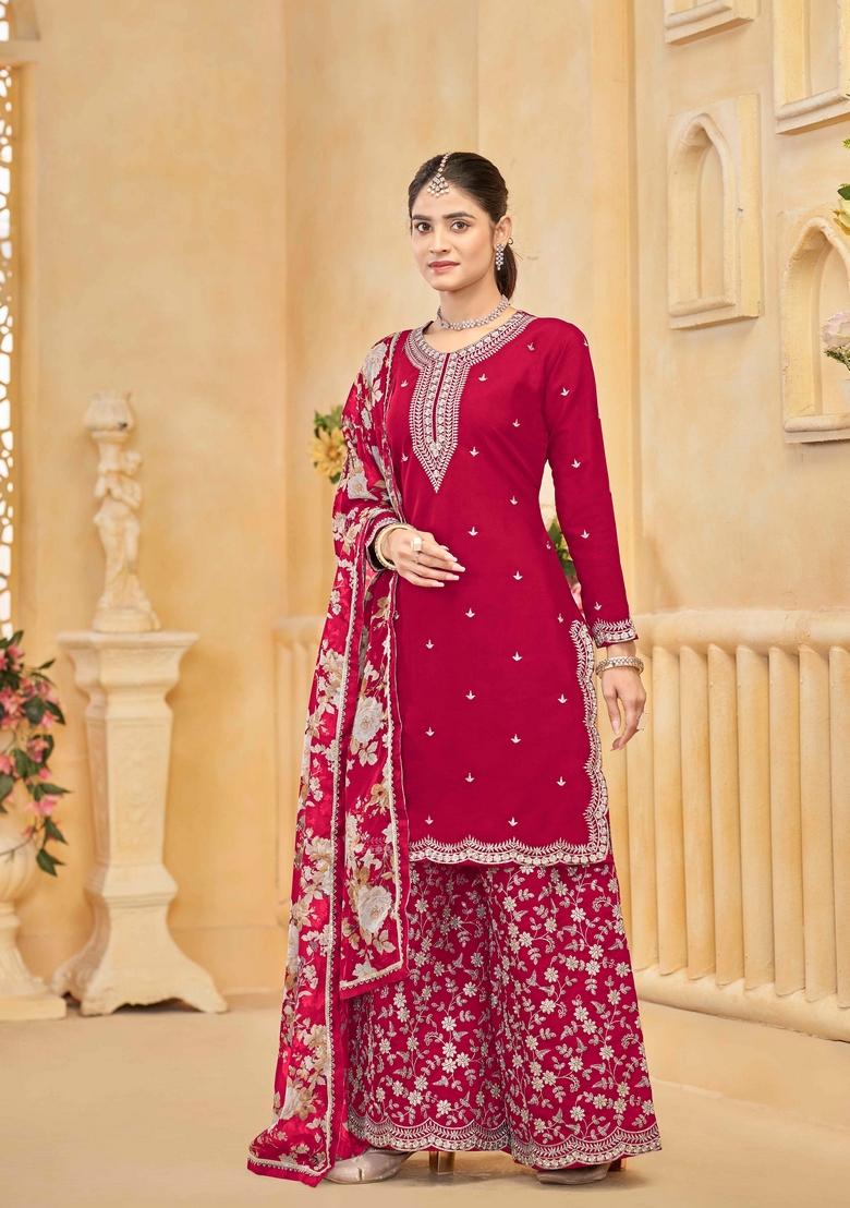 Rani Pink Zari Embroidered Silk Palazzo Set With Dupatta