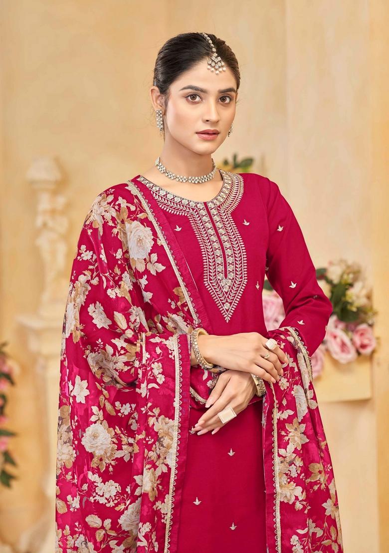 Rani Pink Zari Embroidered Silk Palazzo Set With Dupatta