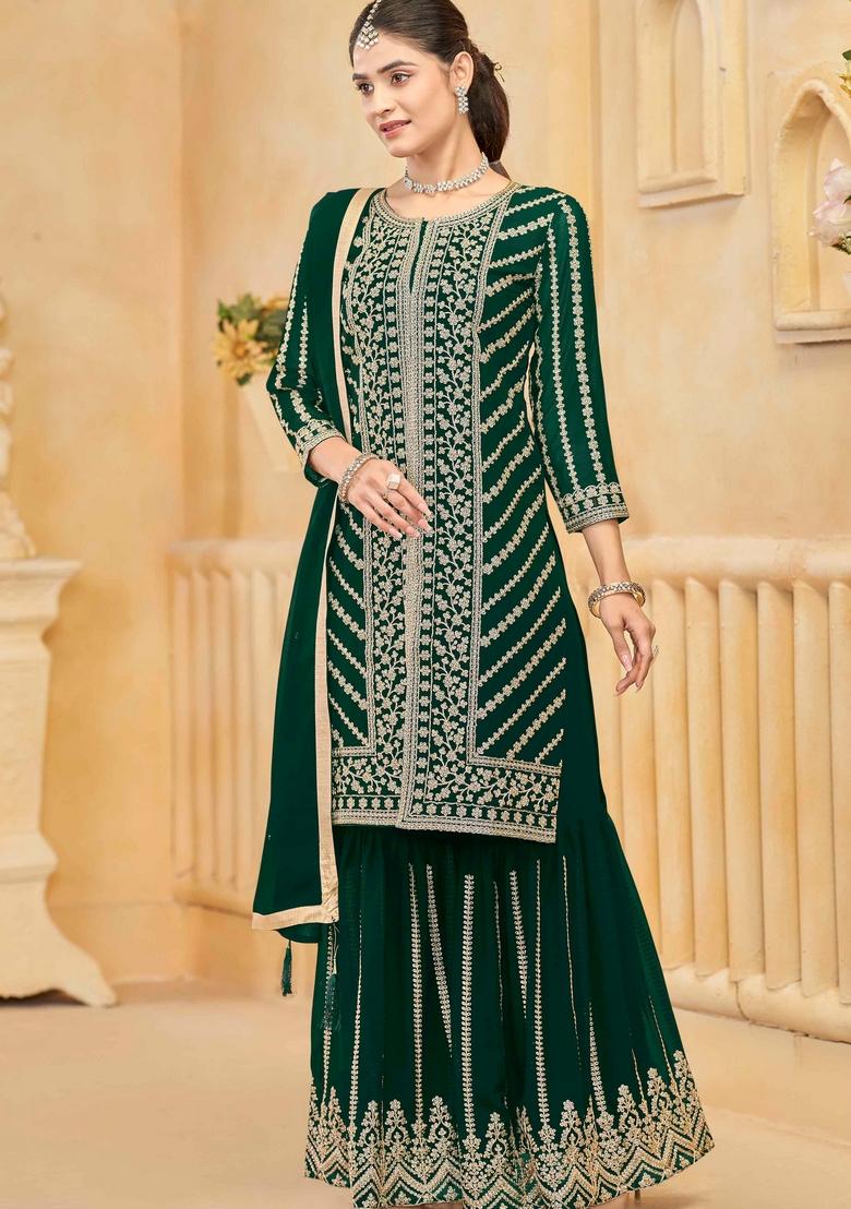 Green Embroidered Georgette Sharara Set With Dupatta