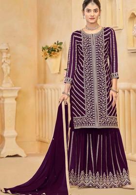 Purple Embroidered Georgette Sharara Set With Dupatta