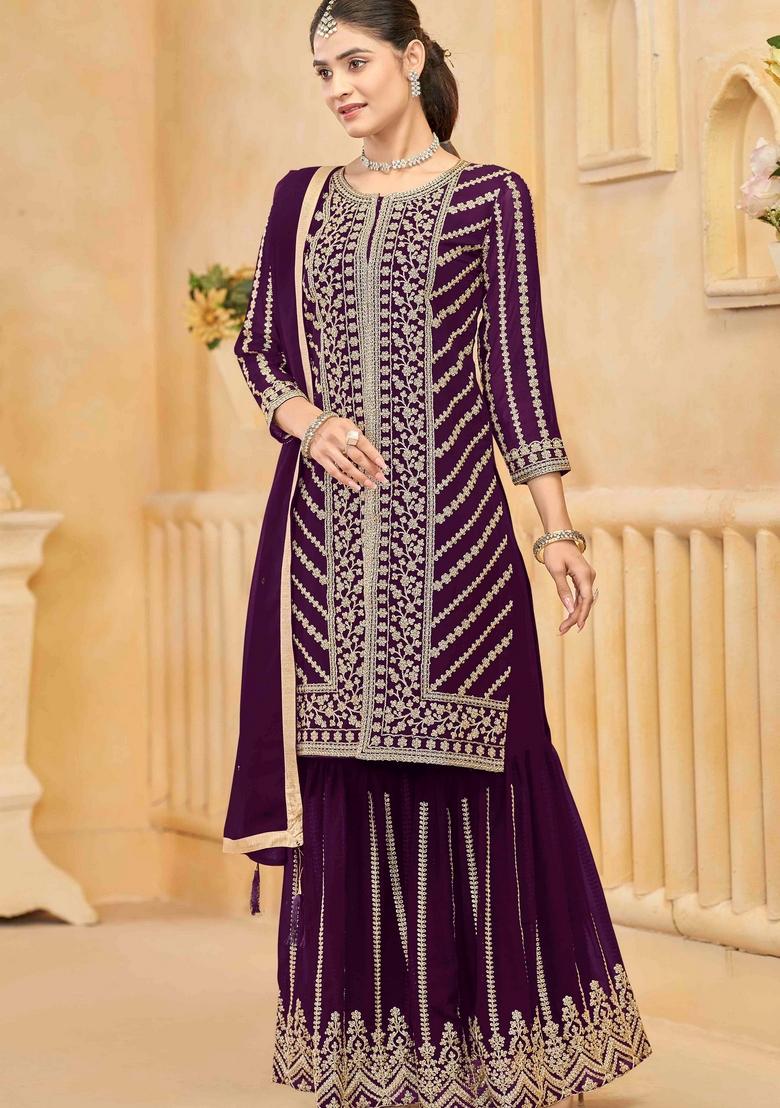 Purple Embroidered Georgette Sharara Set With Dupatta