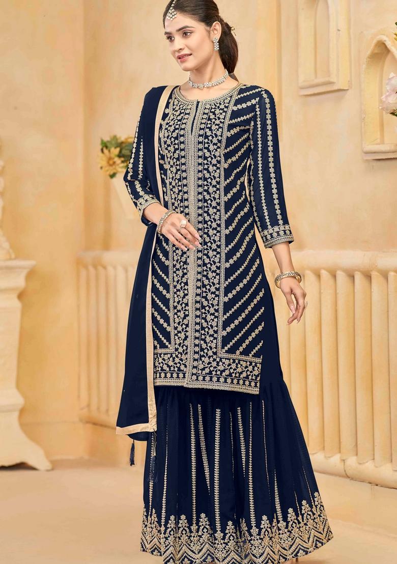 Navy Blue Embroidered Georgette Sharara Set With Dupatta