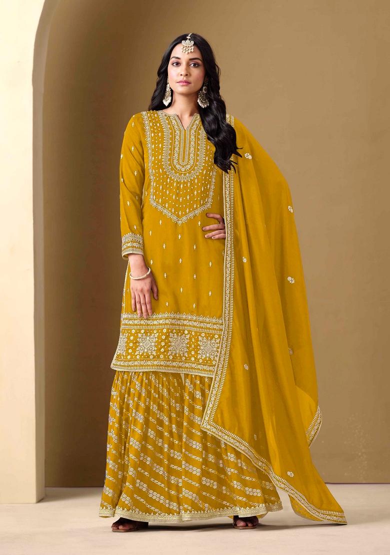 Mustard Thread Work Silk Palazzo Set With Dupatta